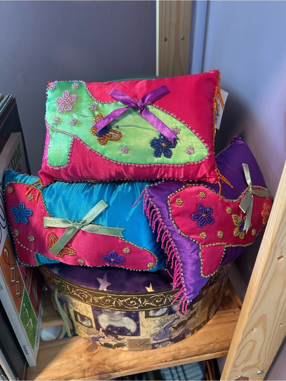 Y2K Satin Decorative Pillow Trio - Pink, Blue & Purple Shoe Design